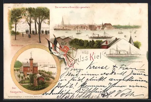 Lithographie Kiel, Bellevue, Seegarten, Panorama von Gaarden