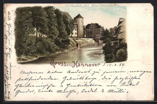 Lithographie Hannover, Leineufer mit Beguinenthurm