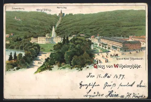 Lithographie Wilhelmshöhe, Grand Hôtel Schombardt, Löwenburg, Königl. Schloss, Herkules