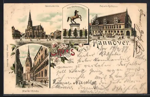 Lithographie Hannover, Christuskirche, Markt-Kirche, Das alte Rathaus, Das Sachsenross