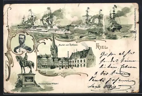 Lithographie Kiel, Kriegsschiffe, Markt mit Rathaus, Denkmal Kaiser Wilhelm I