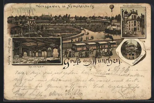 Lithographie München, Volksgarten in Nymphenburg, Kaisersaal, Hauptrestauration, Konzertpavillon