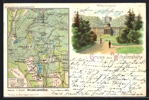 Lithographie Wilhelmshöhe, Schloss Wilhelmshöhe, Umgebungskarte