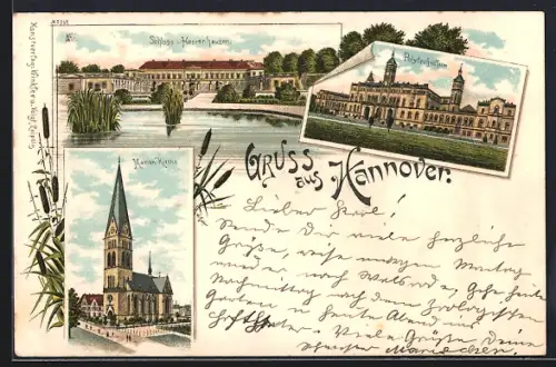 Lithographie Hannover, Schloss Herrenhausen, Marienkirche, Polytechnikum