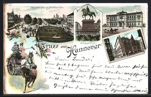 Lithographie Hannover, Königswortherplatz, Ernst August Denkmal, Rathaus