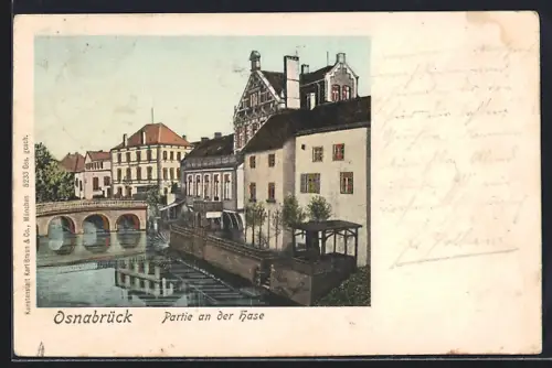 Goldfenster-AK Osnabrück, Partie an der Hase mit leuchtenden Fenstern