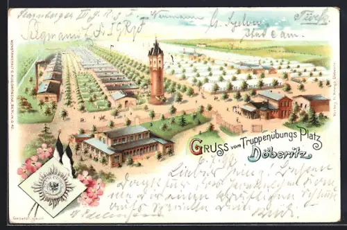 Lithographie Döberitz, Truppenübungsplatz, Wachturm, Kasernengebäude