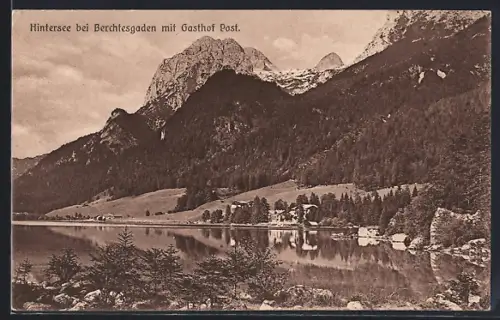 AK Hintersee bei Berchtesgaden, Seeansicht mit Gasthof Post