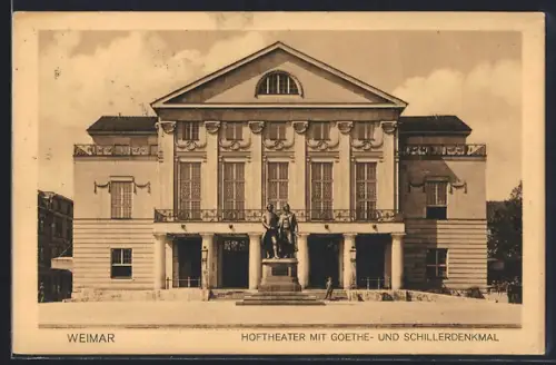 AK Weimar / Thüringen, Hoftheater mit Goethe- und Schillerdenkmal