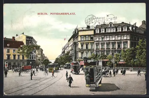 AK Berlin-Tiergarten, Leibniz-Geschäftsgebäude am Potsdamerplatz, Strassenbahn, Passanten