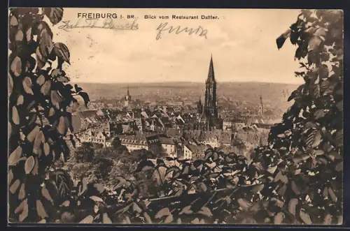 AK Freiburg i. Br., Blick vom Restaurant Dattler auf Münster und Altstadt