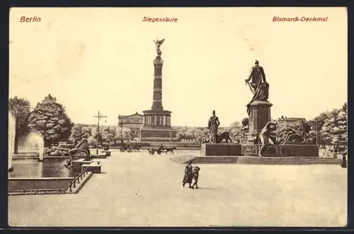 AK Berlin-Tiergarten, Siegessäule, Bismarck-Denkmal, Brunnenanlagen