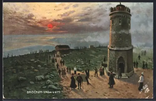 AK Brocken, Brocken-Hotel, Aussichtsturm, Sonnenuntergang