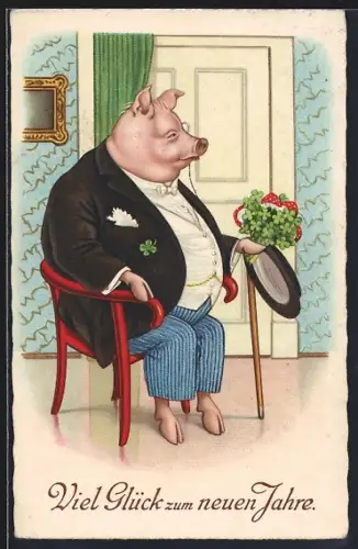 Künstler-AK Vermenschlichtes Schwein im Anzug mit Stock und Strauss