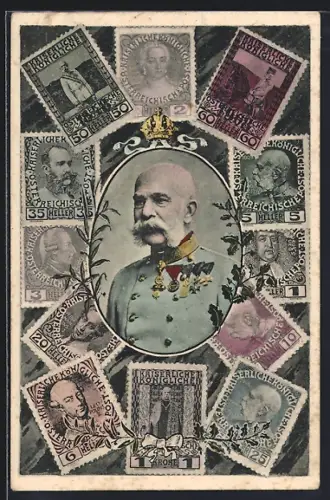 AK Portrait Kaiser Franz Josef I. von Österreich, versch. Briefmarken