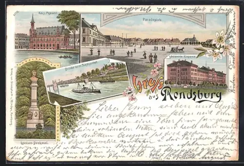 Lithographie Rendsburg, Infanterie Kaserne, Paradeplatz, Brücke beim Schützenhof