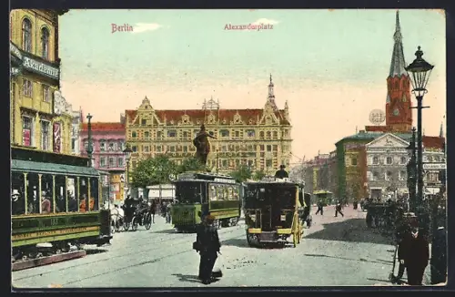 AK Berlin, Alexanderplatz mit Strassenbahnen und Kutschen