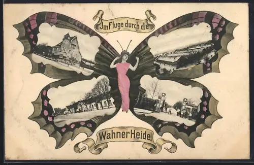 Schmetterling-AK Köln-Wahn, Wahner Heide, Restaurant zum Hähnchen und Wahner Tor, Frau mit Schmetterlingsflügeln