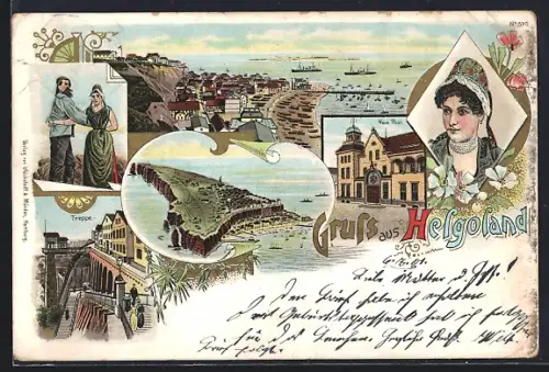 Lithographie Helgoland, Ortsansichten, Neue Post, Treppe, Frau in traditioneller Tracht