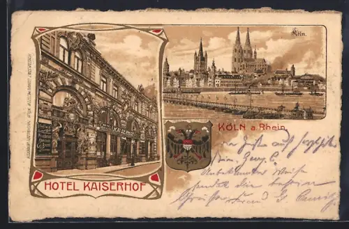 Lithographie Köln, Hotel Kaiserhof, Salomonsgasse, Stadtpanorama, Dampfer, Wappen