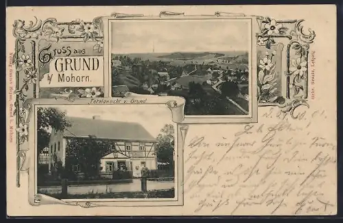 AK Grund b. Mohorn, Colonialwarenhandlung, Ortspanorama