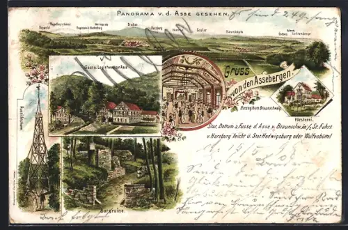 AK Dettum /Asse, Gasthaus zur Asse, Burgruine, Försterei, Bergpanorama v. d. Asse gesehen