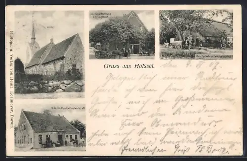 AK Holssel, Gasthaus u. Handl. G. Bense, Handlung und Postagentur Joh. Bense, Kirche