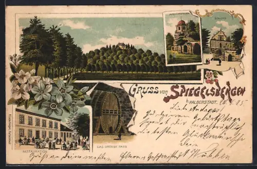 Lithographie Halberstadt, Restaurant Spiegelsbergen, Aussichtsturm, Schloss