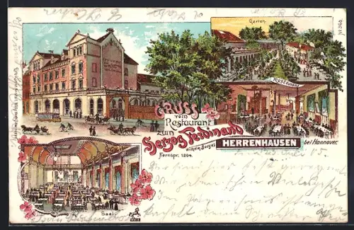 Lithographie Herrenhausen b. Hannover, Restaurant zum Herzog Ferdinand, Saal, Garten