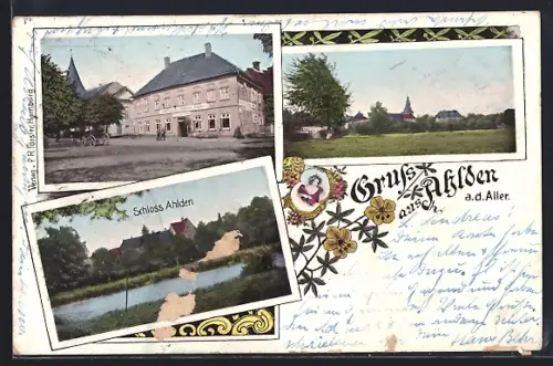 AK Ahlden a. d. Aller, Gasthaus, Schloss Ahlden, Ortsansicht mit Kirche