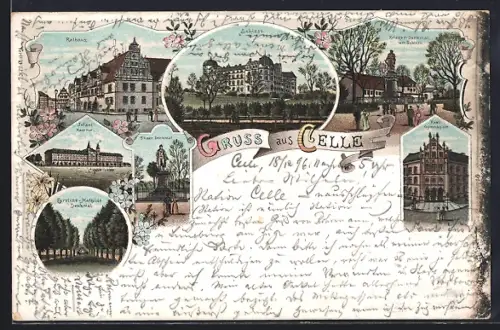 Lithographie Celle, Schloss, Rathaus, Infanterie-Kaserne & Caroline-Mathilde Denkmal