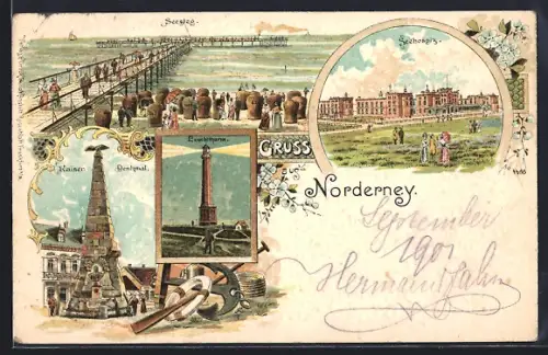Lithographie Norderney, Seehospiz, Leuchtturm, Seesteg, Kaiser-Denkmal
