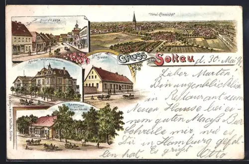 Lithographie Soltau, Restaurant zum Neuen Hause, Stadt Bremer, An der Wilhelmstrasse, Poststrasse