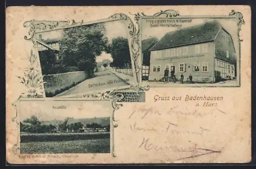 AK Badenhausen a. Harz, Gasthof Krug z. grünen Kranze, Inh. W. Klapprodt, Dorfstrasse nebst Promenade, Neuehütte