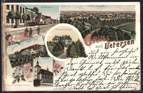 Lithographie Uetersen, Kgl. Seminar, Schloss Düneck, Marktstrasse, Kirche