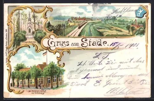 Lithographie Stade, Jul. Seeman`s Gasthof zur Erholung, Kriegerdenkmal
