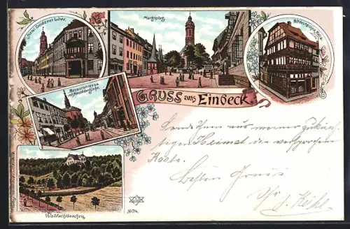 Lithographie Einbeck, Hotel Goldener Löwe, Altdeutsches Haus, Benserstrasse mit Neustädter Kirche
