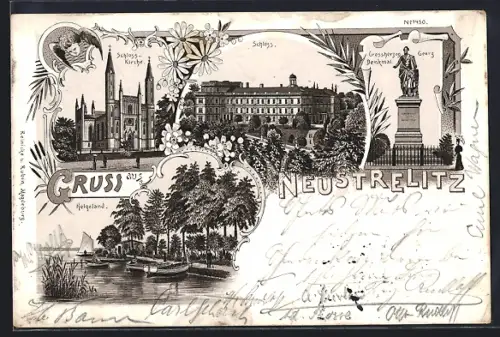 Lithographie Neustrelitz, Schloss, Helgoland, Grossherzog Georg-Denkmal