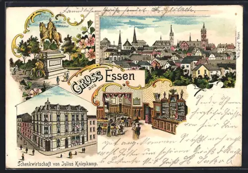 Lithographie Essen, Gasthof von Julius Kniepkamp, Kaiser-Wilhelm-Denkmal
