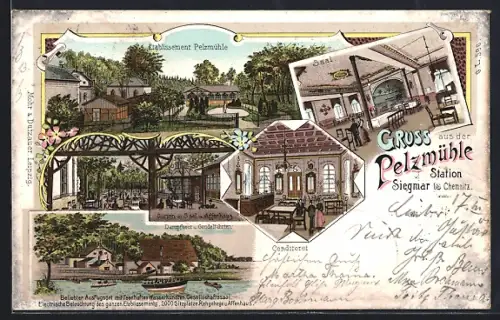 Lithographie Reichenbrand, Etablissement Pelzmühle, Garten mit Saal & Affenhaus, Dampfboot & Gondelfahrten