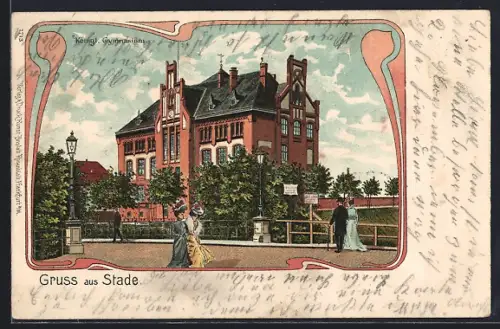 Lithographie Stade, Königl. Gymnasium mit Passanten