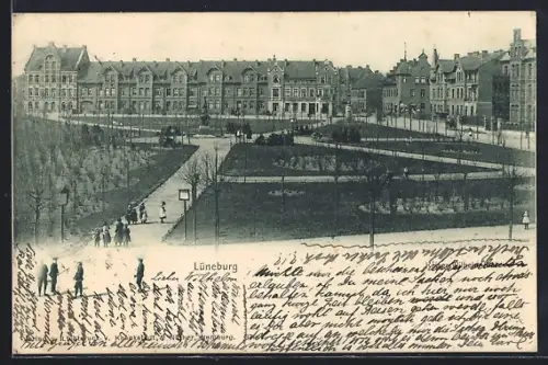 AK Lüneburg, Strasse am Kaiser Wilhelm-Platz aus der Vogelschau