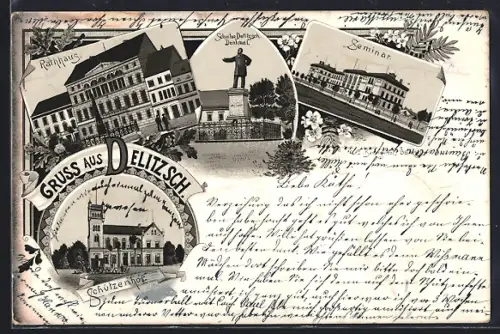 Lithographie Delitzsch, Gasthaus Schützenhof, Rathaus, Seminar, Neujahrsgruss