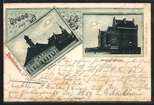 AK Darkehmen, Rathaus mit Post, Garnison-Lazarett