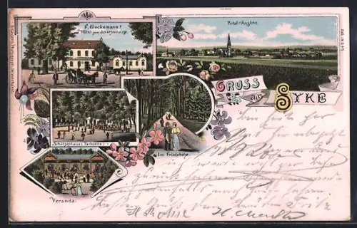 Lithographie Syke, FF. Glockemann`s Hotel zum Schützenhaus, Totalansicht, Im Friedeholze