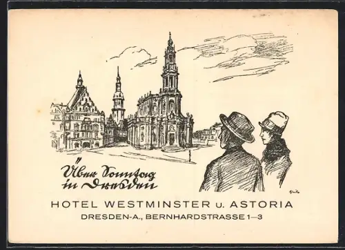 Künstler-AK Dresden, Hotel Westminster u. Astoria