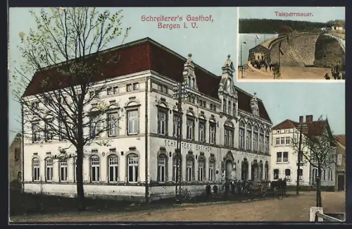 AK Bergen i. V., Schreiterer`s Gasthof, Blick auf die Talsperrmauer
