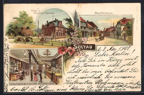 Lithographie Soltau, Geschäft der Firma Carl Breiding & Sohn, Marktstrasse und Kriegerdenkmal