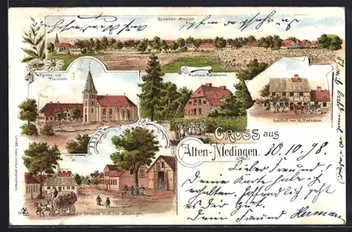 Lithographie Altenmedingen, Gasthof von H. Fehlhaber, Forsthaus Reisenmoor, Kirche und Pfarrhaus