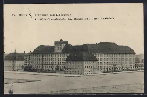 AK Berlin, 53. u. 300. Gemeindeschule, XIV. Realschule und I. Techn. Mittelschule, Lütticherstrasse Ecke Limburgerstrasse